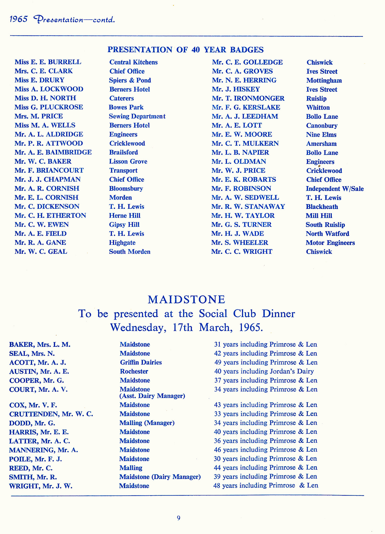 1965 Long Service Awards Programme (Courtesy Kevin Yates)