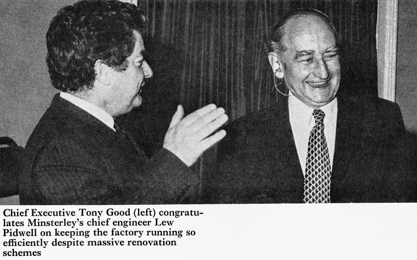 1974 Tony Good congratulates Minsterley Chief Engineer Lew Pidwell. (Express News Summer)