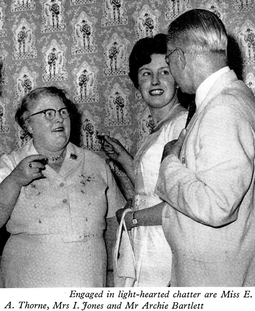 1961 Long Service Dinner at The Grapes Hotel, Shrewsbury, with Mrs I Jones (accompanying husband Mr J.I. Jones (Whittington), Miss E.A. Thorne and Mr Archie Bartlett. (LSA Annual Review)