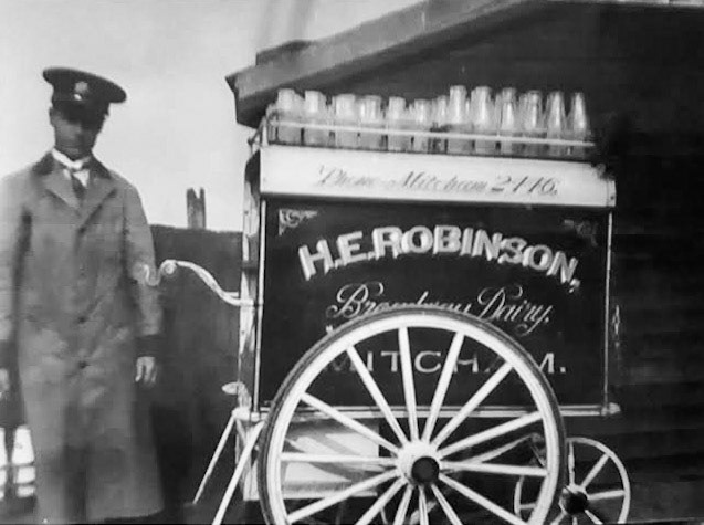 1910's? H.E. Robinson, Mitcham. John Collier posts "A photo of my grandad on his milk round". (Courtesy John Collier, Mitcham History FB Group)