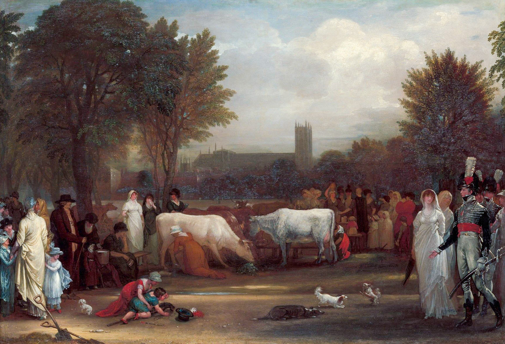 1801c 'Milkmaids in St. James's Park, Westminster Abbey Beyond' by Benjamin West, from the Yale Center for British Art. The Paul Mellon Centre, Yale University writes "...it shows the east area of St James’s Park near Whitehall, overlooked by Spencer House, where milkmaids kept cows from the end of the seventeenth-century. During the eighteenth century it became fashionable to visit the area in the morning to drink milk or syllabub (a mixture of milk and wine). The painting highlights West’s ability to blend landscape and genre painting and his originality in turning a popular event of everyday urban life into a pastoral scene of peace and pleasure. At the same time, West captures the skyline of central London with topographical accuracy, with the outline of Westminster Abbey clearly visible in the background." (Courtesy Paul Mellon Centre)