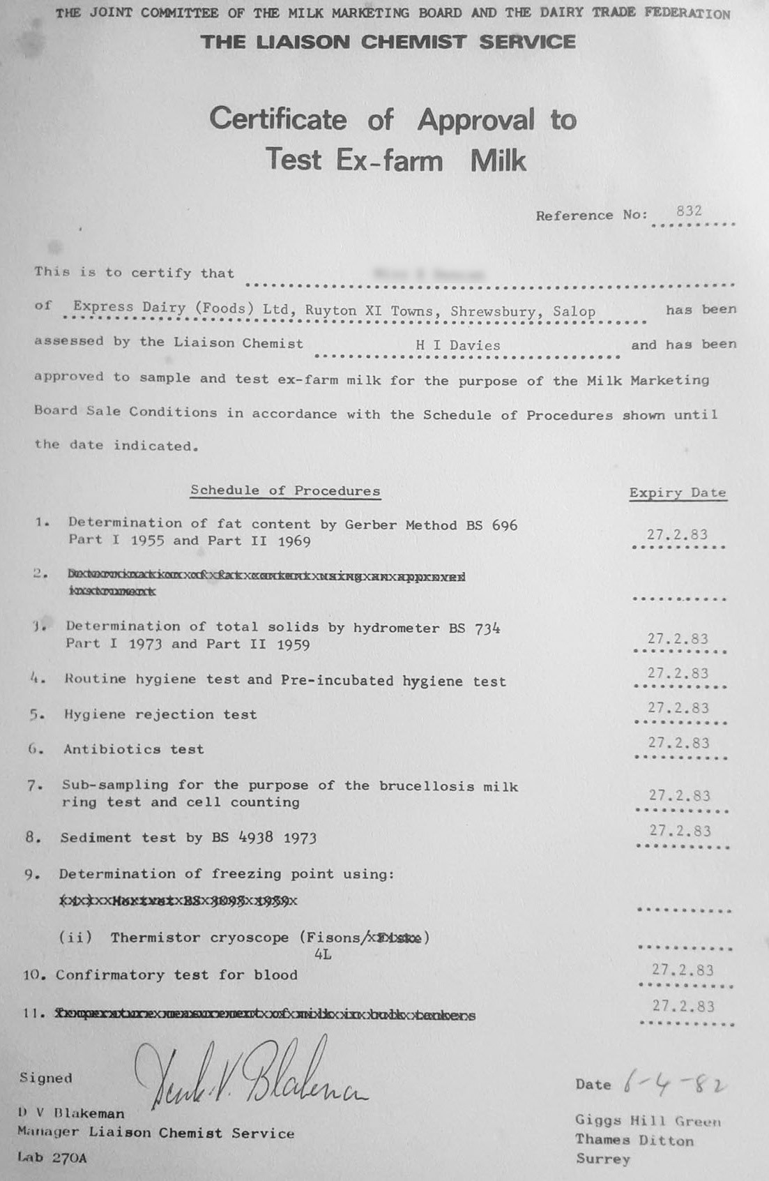 1982 Ruyton Elaine Morris comments "I went to Cannington in Somerset, from Ruyton, to do a Dairy control course, also Huw Davies the Liason Chemist came yearly to test us in the Milk lab." Frank Dineen also commented "I was lucky enough to do Dairy Science courses at Cannington College, Bridgewater, receiving the Certificate in Dairying in 1982. It's a shame that the food industry dropped support for these courses. It was a good way to train and develop staff." (Courtesy Elaine Morris)