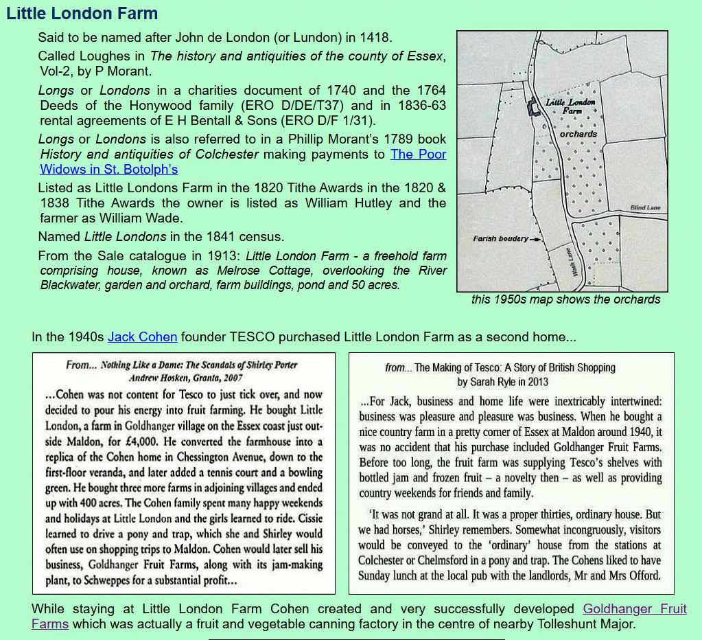 1940's Little London Farm, Goldhanger where Jack Cohen purchased and started Goldhanger Fruit Farms in nearby Tolleshunt Major. (Courtesy http://www.churchside1.plus.com/Goldhanger-past/Cohen.htm)