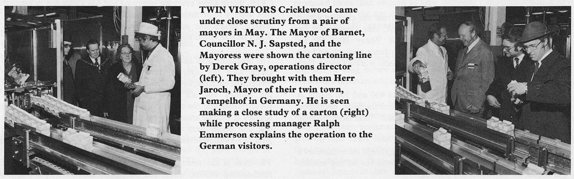 1979 Cricklewood Dairy welcomes visitors, from Tempelhof, Germany, the borough's twin town. Ralph Emerson (sic) demonstrating. Suzanne Croombs (FB) comments that Tempelhof-schöneberg is still on the twinnng list, but always under Barnet, rather than Cricklewood. There are seven other Barnet twinnings, but I know they're also twinned with Barnet in Vermont, so eight twinnings really + Temelhof.