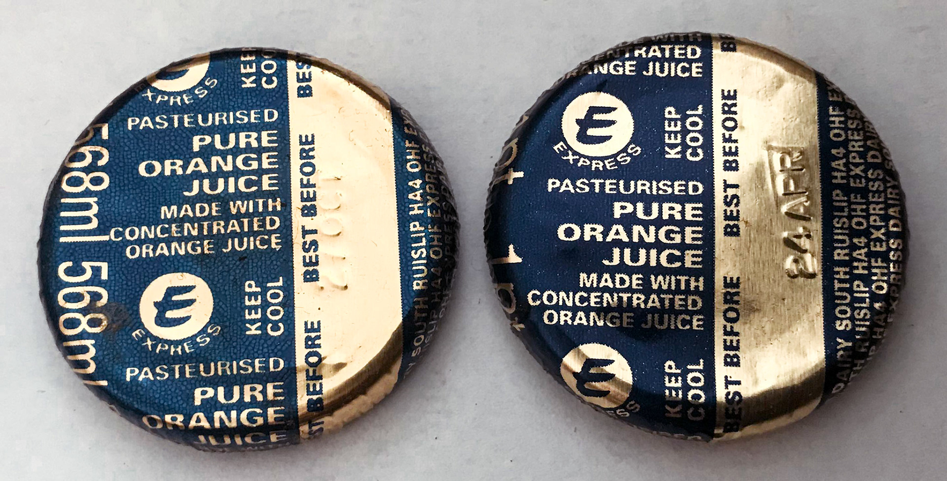 Orange Juice bottle caps (Courtesy Paul Luke)
