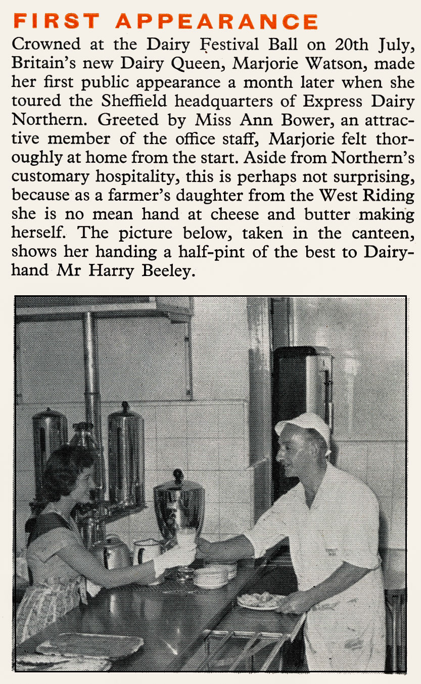 1959 Majorie Watson, Dairy Queen at Express Northern's canteen with dairyman Harry Beeley. (Express News December)