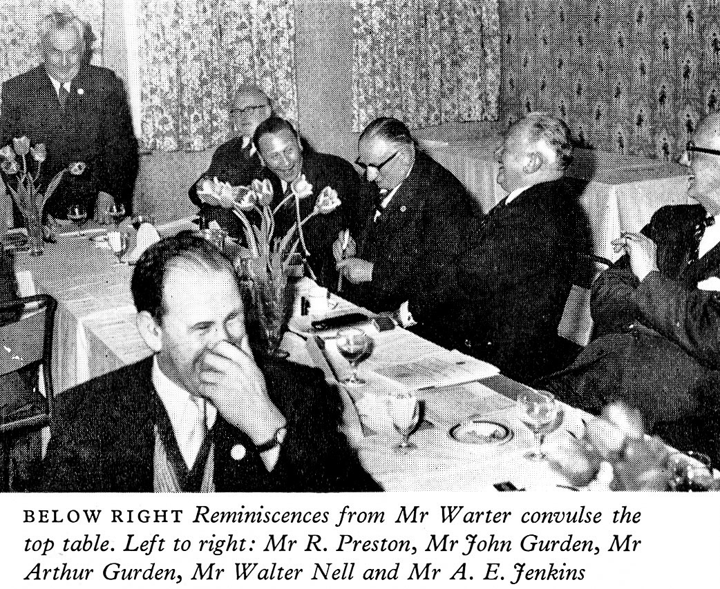 1961 Long Service Dinner at The Grapes Hotel, Shrewsbury, with Minsterley staff Mr A. Warter, Mr R. Preston, Mr John Gurden, Mr Arthur Gurden, Walter Nell (Chairman) and Mr A.E.Jenkins. (LSA Annual Review)