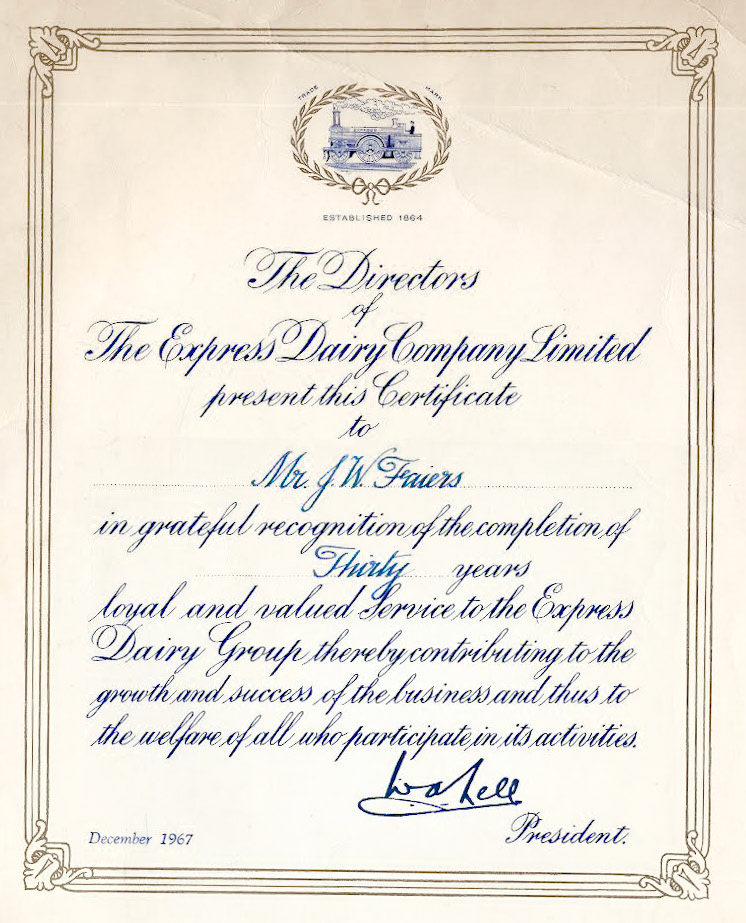 1967, Jim Faiers Thirty Year Service Certificate  (Courtesy Adam Faiers)