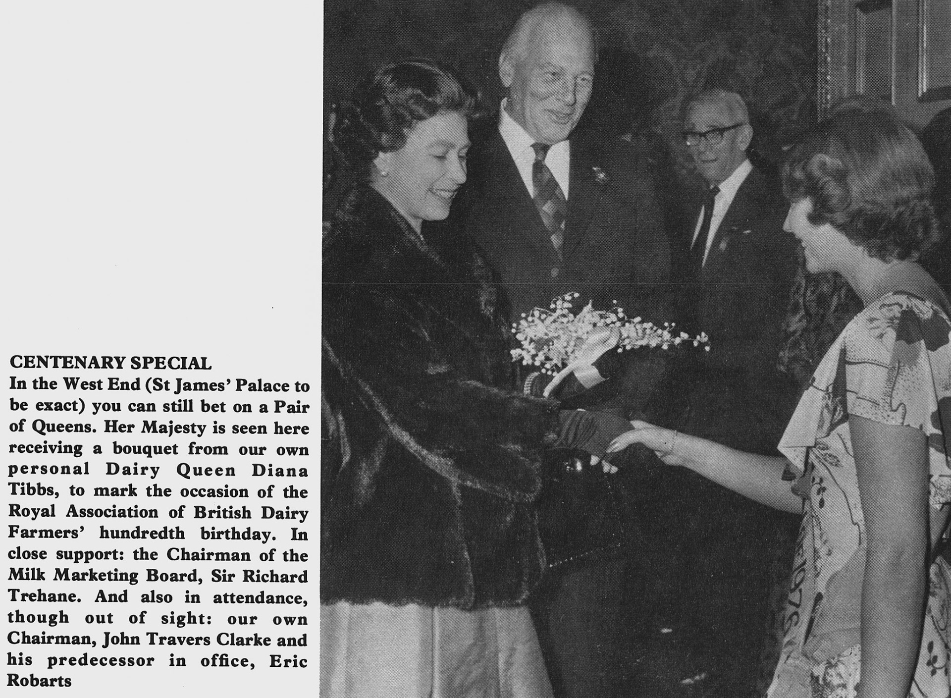 1977 RABDF (based at Rossmore Road) celebrate their Centenary, with the Queen shaking hands with Dairy Queen Diana Tibbs and Sir Richard Trehane looking on. (Express News Spring)