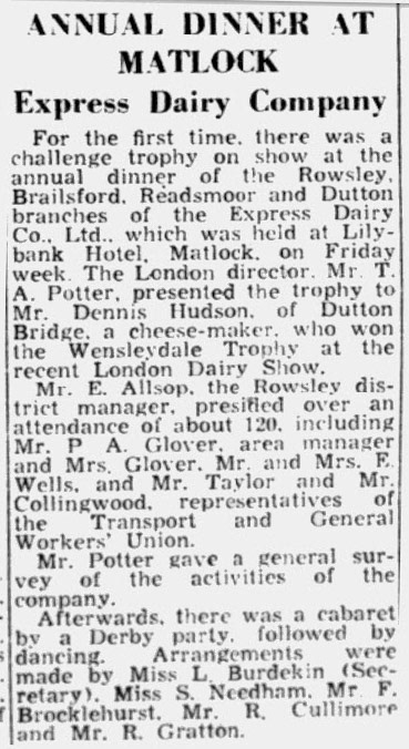 1957 Matlock Dinner for Dutton Bridge, Rowsley, Brailsford and Reapsmoor creameries. (Courtesy Belper News 27 December)