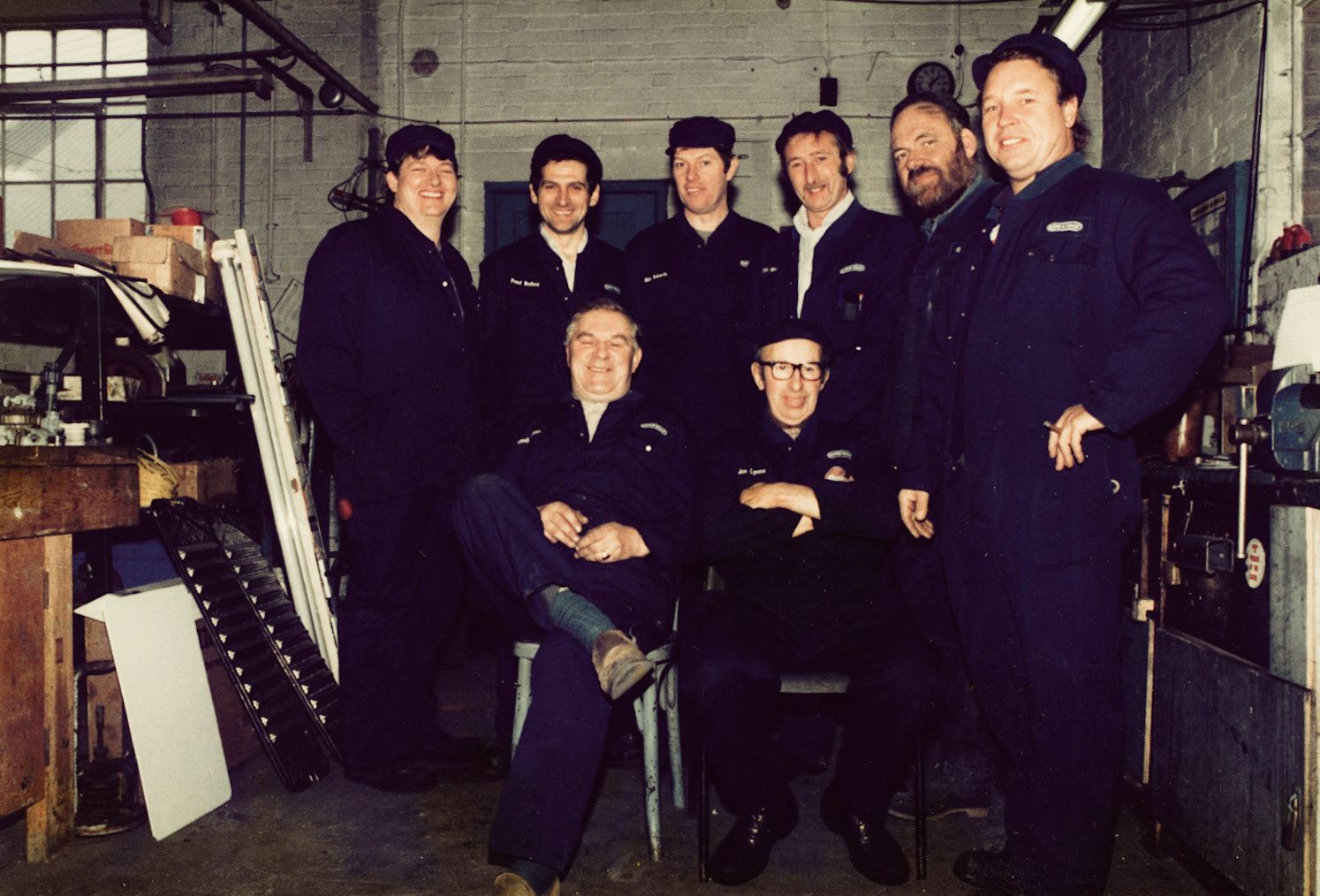 1985 (30th October). Joe's retirement. Stuart Betton identifies B7- Esmond Betton (dad) B6. Mick Roberts, B4 Chris Giles, B3 Alan Jones. Anna Marie Lawson adds "Joe Rowson, my step dad, second right back row.". Ann Worrall adds: Back Row.. ??Paul? (Went on to work with Pete Stelfox - Griffin), Alan Roberts, Chris Giles, Joe Rowson, Mike Roberts, Front right: Joe Lyons (Joe Lyons Collection)