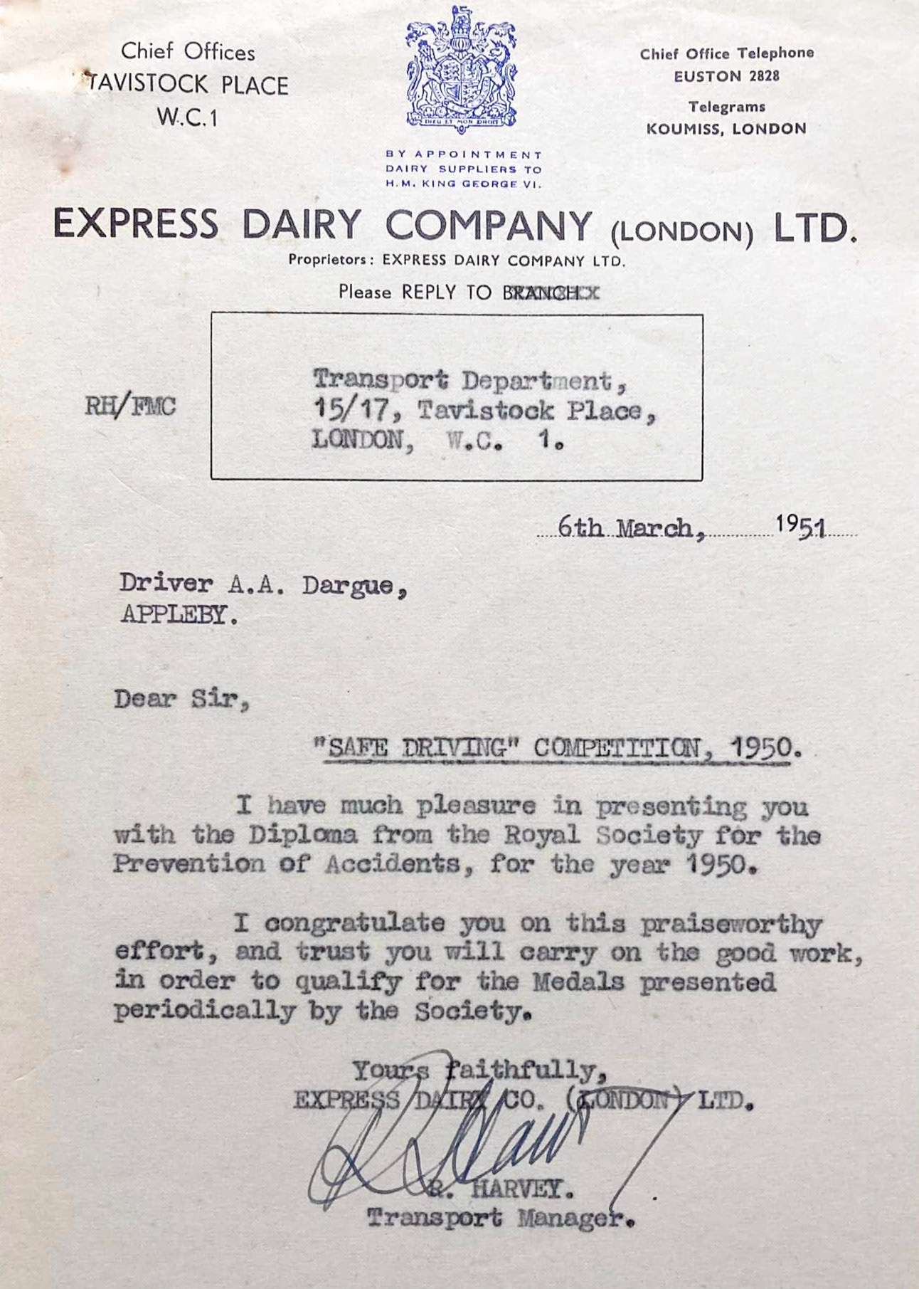 1950 Arthur Dargue-Safe Driving letter and Certificate (Courtesy Iain Dargue, Arthur's son)