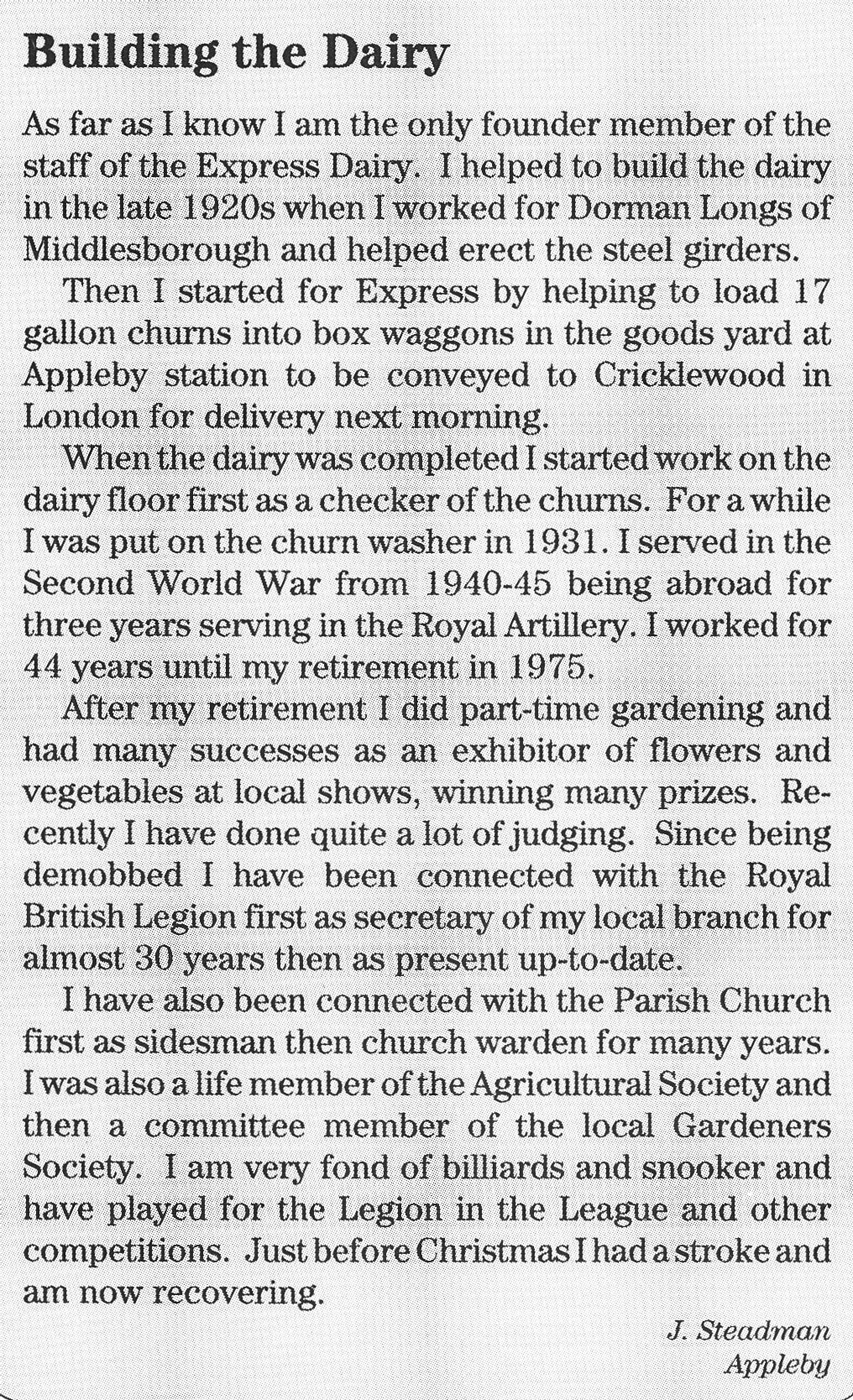 1991 J Steadman recalls early days at Appleby (from Express Foods Pensioners News) Courtesy Beryl Purslove