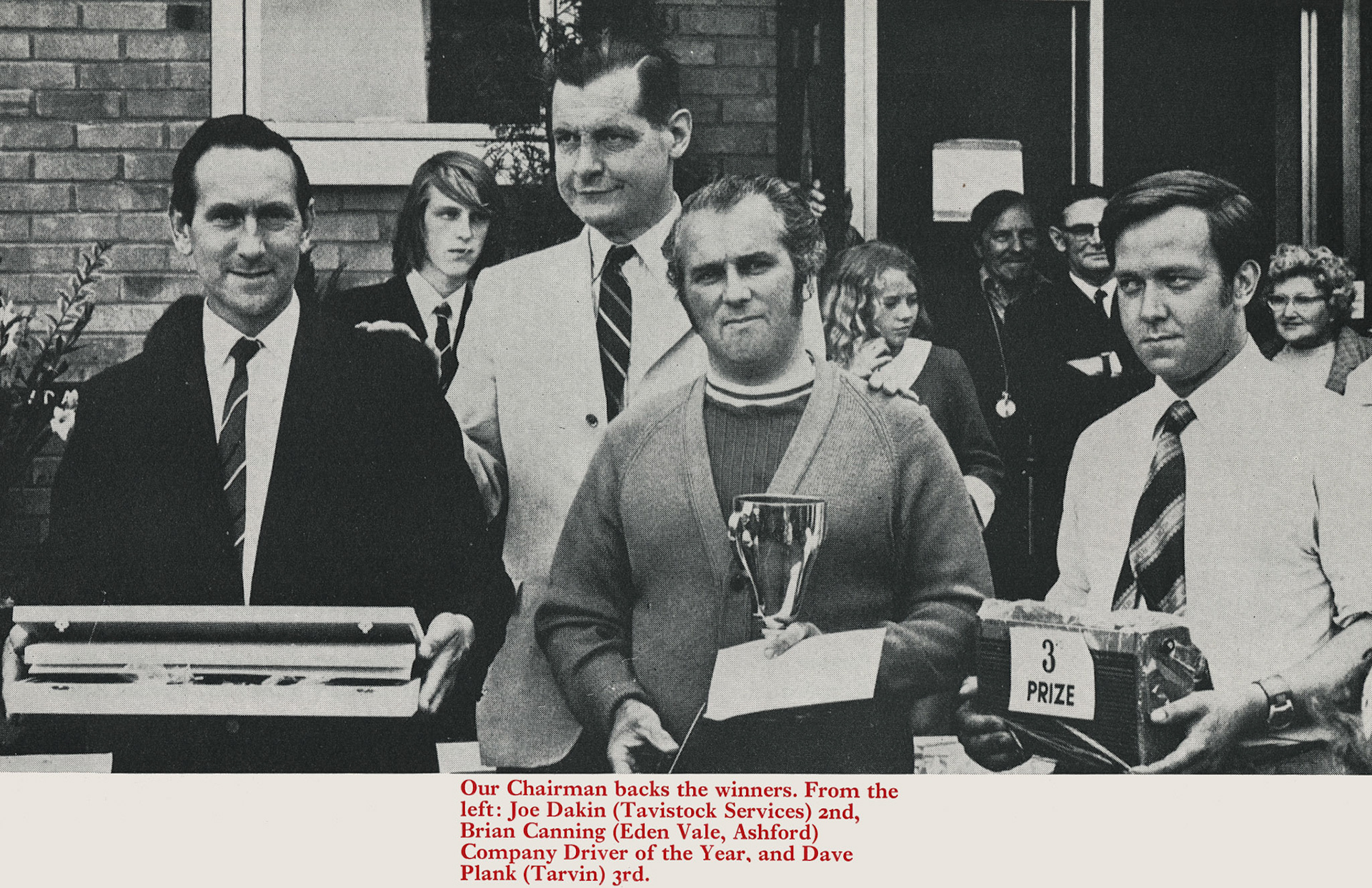 1973 Driver of the Year winners, with Joe Dakin (Tavistock Services), John Travers Clarke (Express Chairman), Brian Canning (Ashford Eden Vale) and Dave Plank (Tarvin). (Express News Christmas)