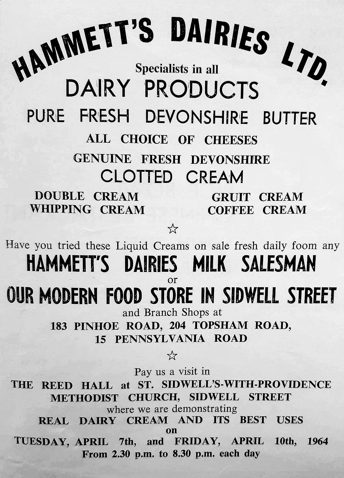1964 Hammett's Dairies advert for dairy products, and their shops in Sidwell Street, Pinhoe Road and Pennsylvania Road, plus demonstration in the Methodist Church. (Courtesy Don Reid)