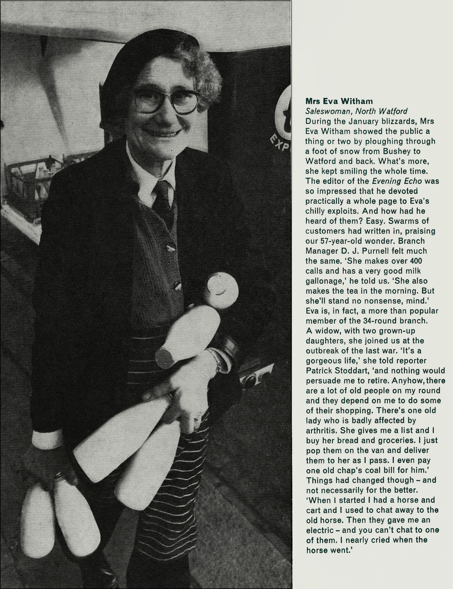 1968 Feature promoting the importance of women in Express - Mts Eva Witham, Saleswoman, Watford North. (Express News Spring)