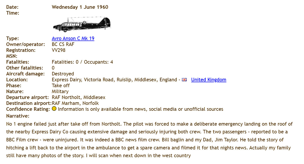1960 (01 June). Avro Anson VV298- Summary from Aviation Safety Network