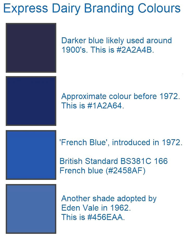 2026 Express Blue colour codes over the years, from Matthew Pinto. Dennis Martin comments "Before 1972 # 1A2A 64. introduced 1972 French Blue B5381C 166 French Blue (#2458 Af), and Eden Vale adopted in 1962: #456 EAA" Matthew suggests using this to convert to RAL:  https://hextoral.com/rgb-to-ral/