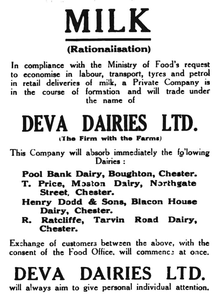 1942 Deva Dairies announce wartime milk rationalisation in Chester.(Courtesy Cheshire Observer - Saturday 27 June)