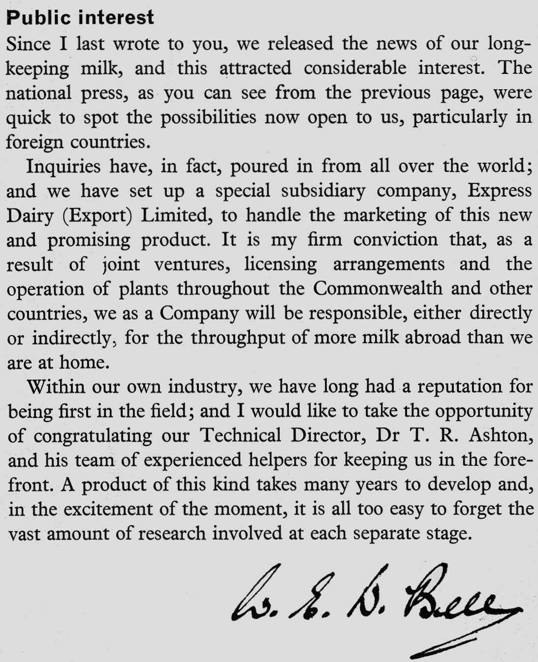 1965 Express Dairy Export ltd set up following the launch of UHT milk. (April Express News)