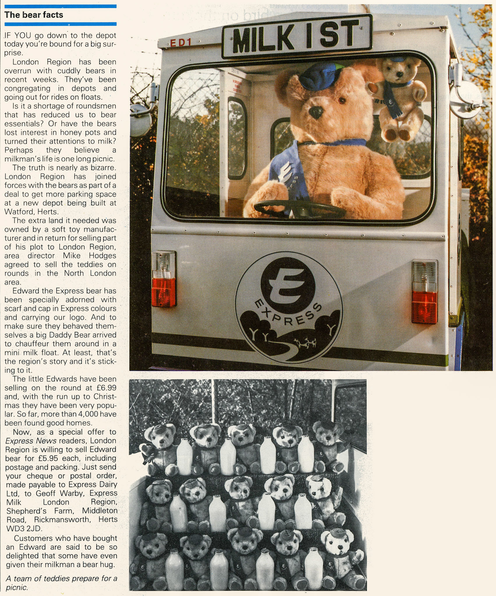 1984 Edward Bear being sold on London Region milk rounds. (Express News Winter)