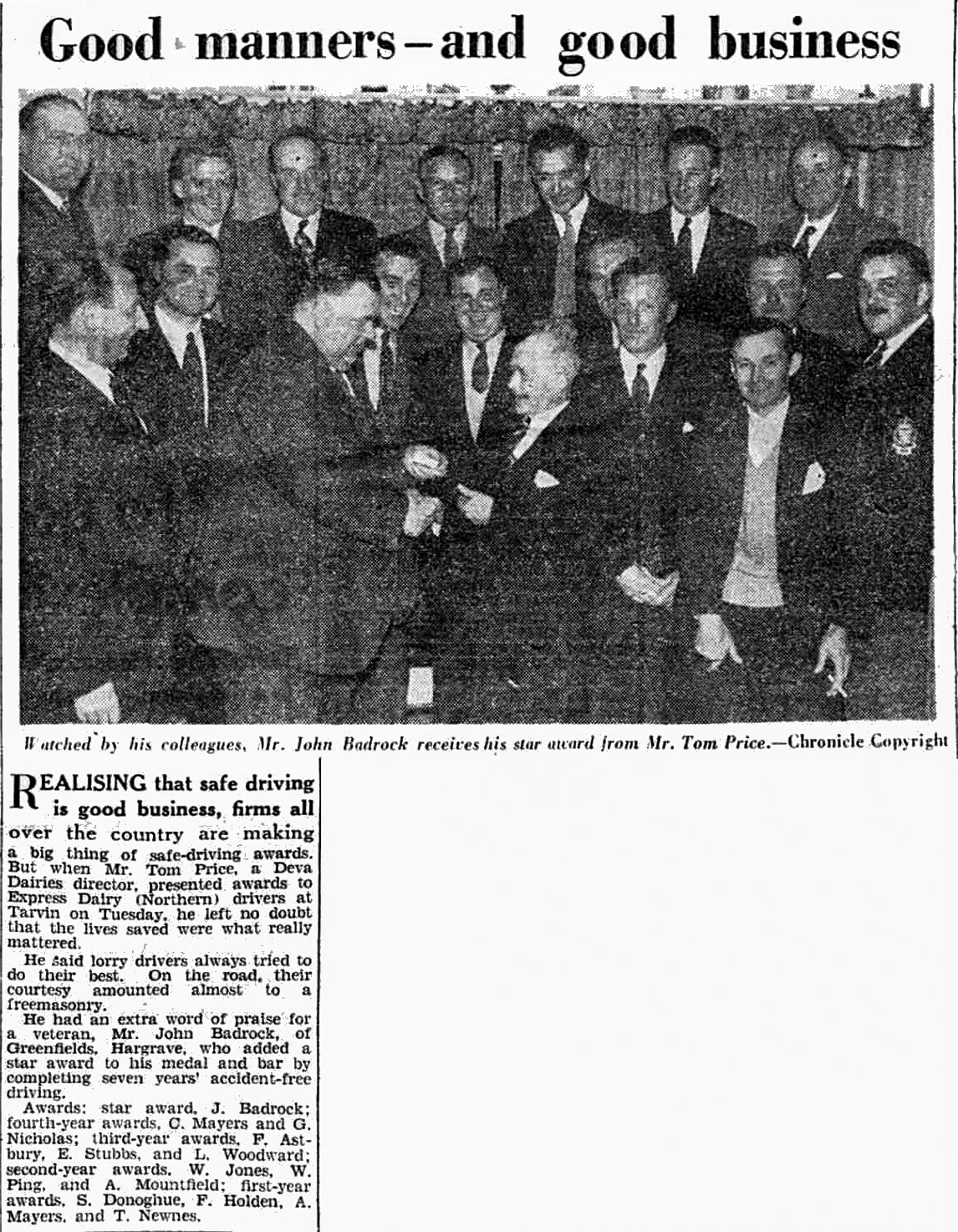 1958 Deva Dairies Director Tom Price awards safe drivers at Tarvin.- (Courtesy Chester Chronicle - Saturday 24 May)
