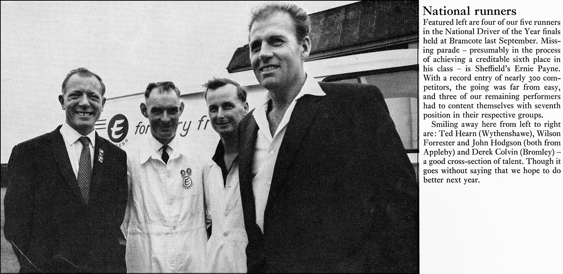 1969 Four of five National Driver of the Year entrants-Ted Hearn (Wythenshawe), Wilson Forrester, John Hodgson (Appleby), and Derek Colvin (Bromley). Missing was Ernie Payne (Sheffield). (Express News Christmas)
