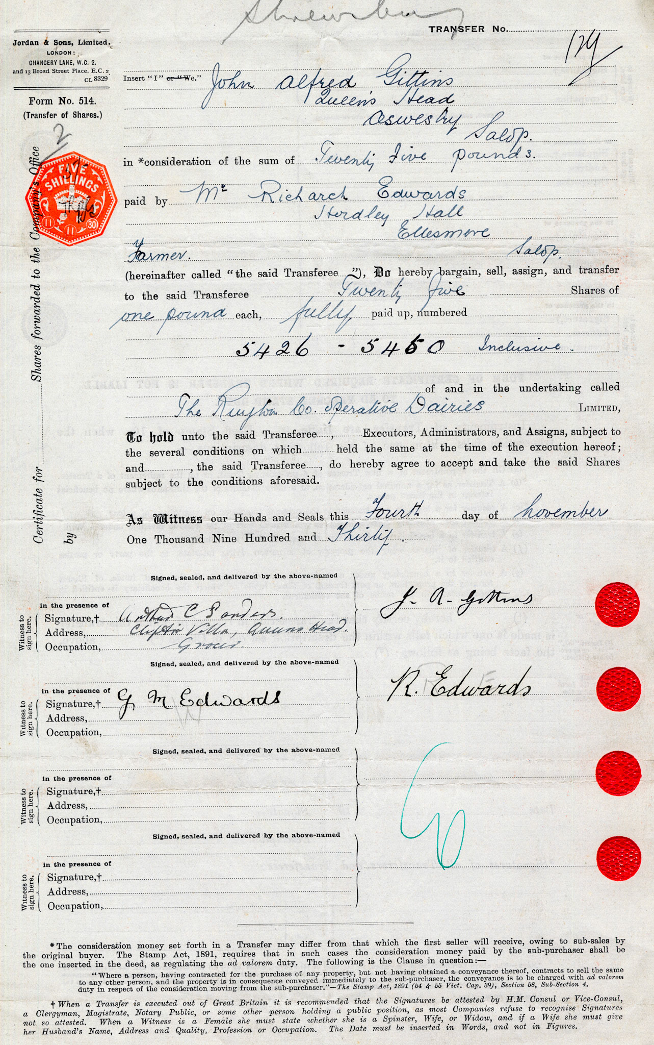 1930-John Alfred Gittins-Share Transfer Form