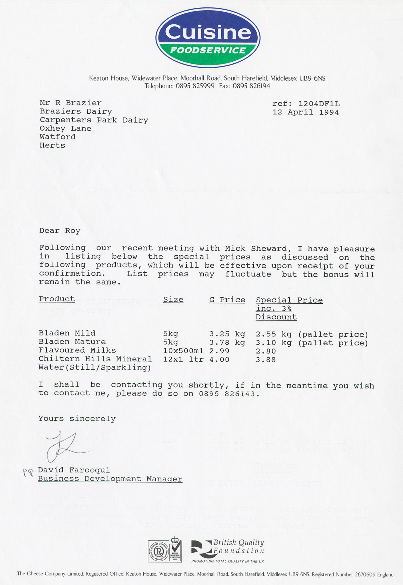 1994 Letter from David Farooqui, Express Business Development Manager to Brazier's listing special prices on a number of lines. (Courtesy Paul Luke)