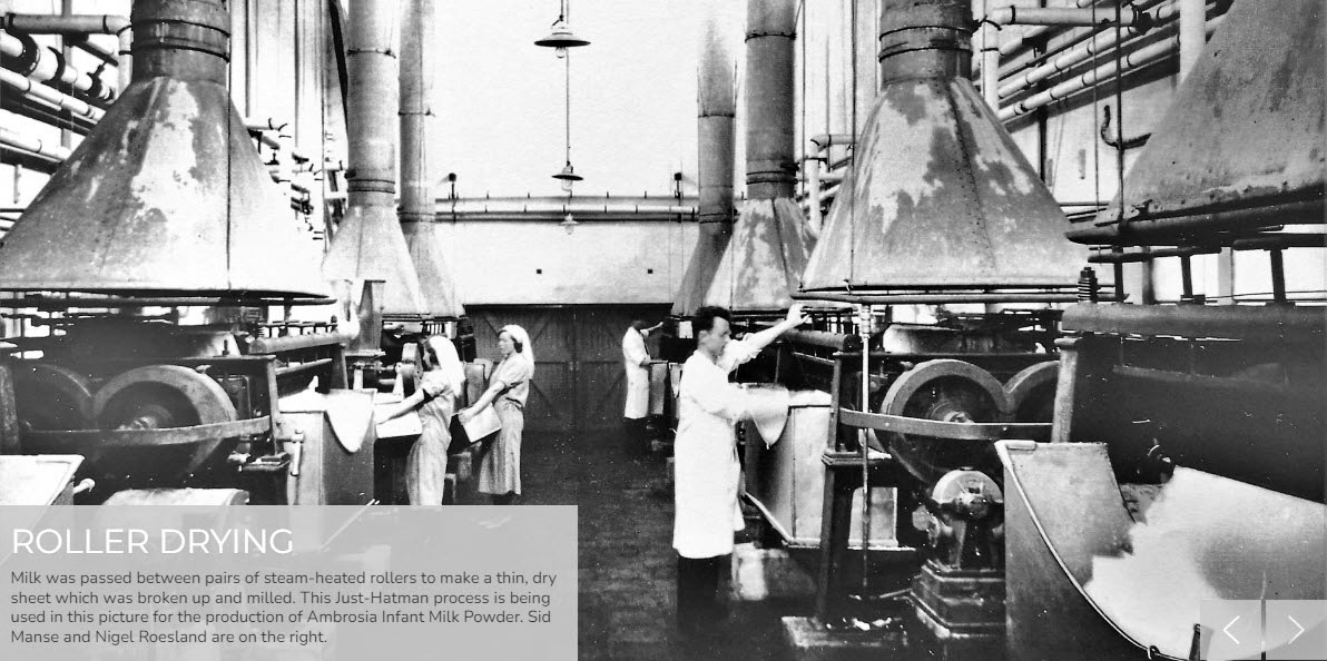 1930's Lapford. The 'Just-Hatmaker' process involves drying at atmospheric pressure in a thin film on a slowly revolving heated drum. "We used to clear the sheets by breaking them off the rollers and tipping them into a small bin, then scooping it into another container and eventually it came out as milk powder" - Barbara Stentiford (Courtesy lapfordhistory.co.uk)