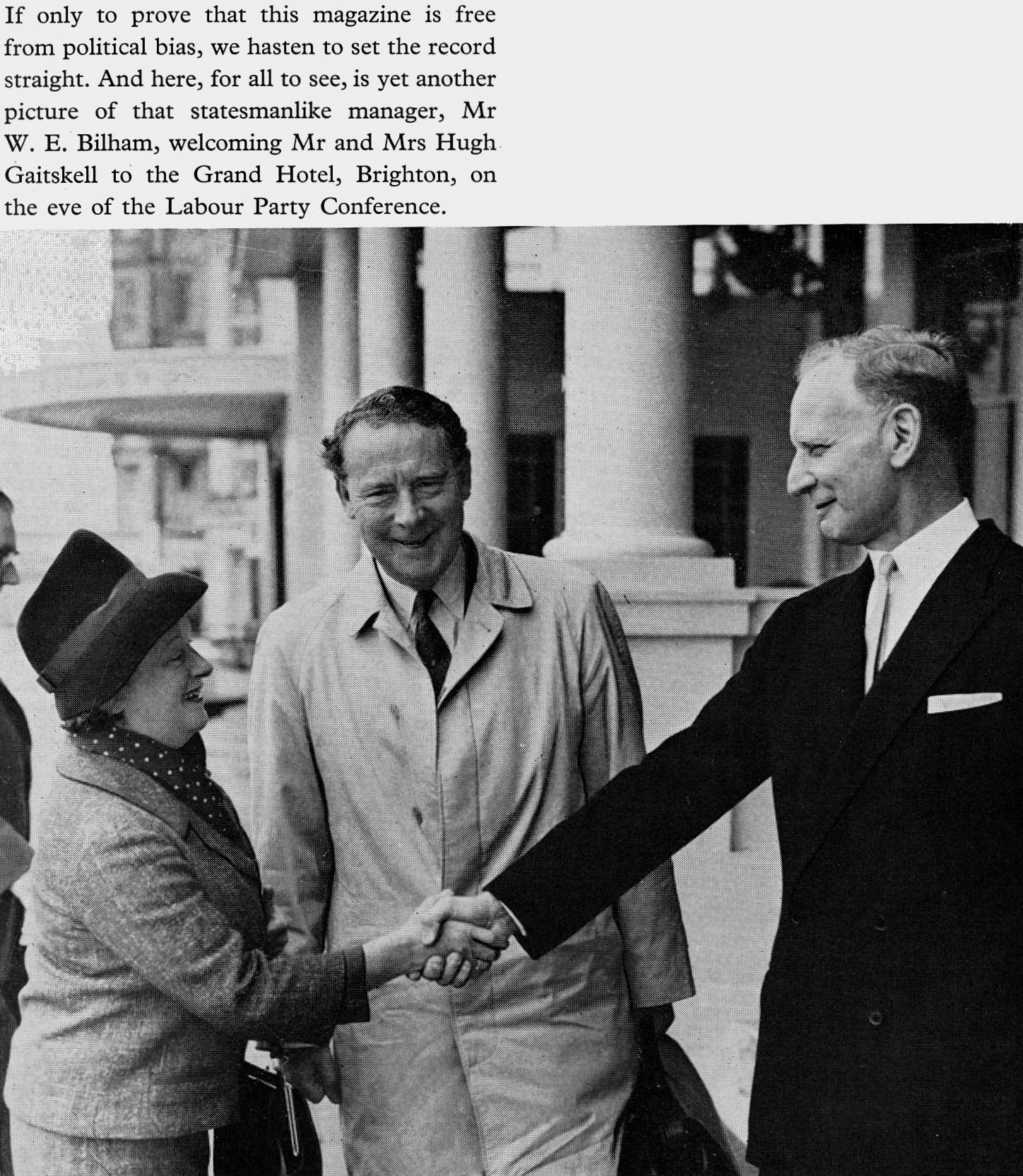 1962 Labour leader Hugh Gaitskell being welcomed to the Grand Hotel, Brighton. (Express News Christmas)