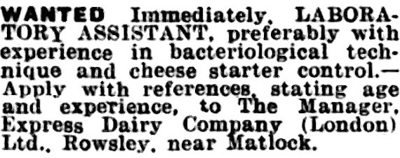 1951 Rowsley advertise for laboratory assistant. (Courtesy Buxton Advertiser 12 October)