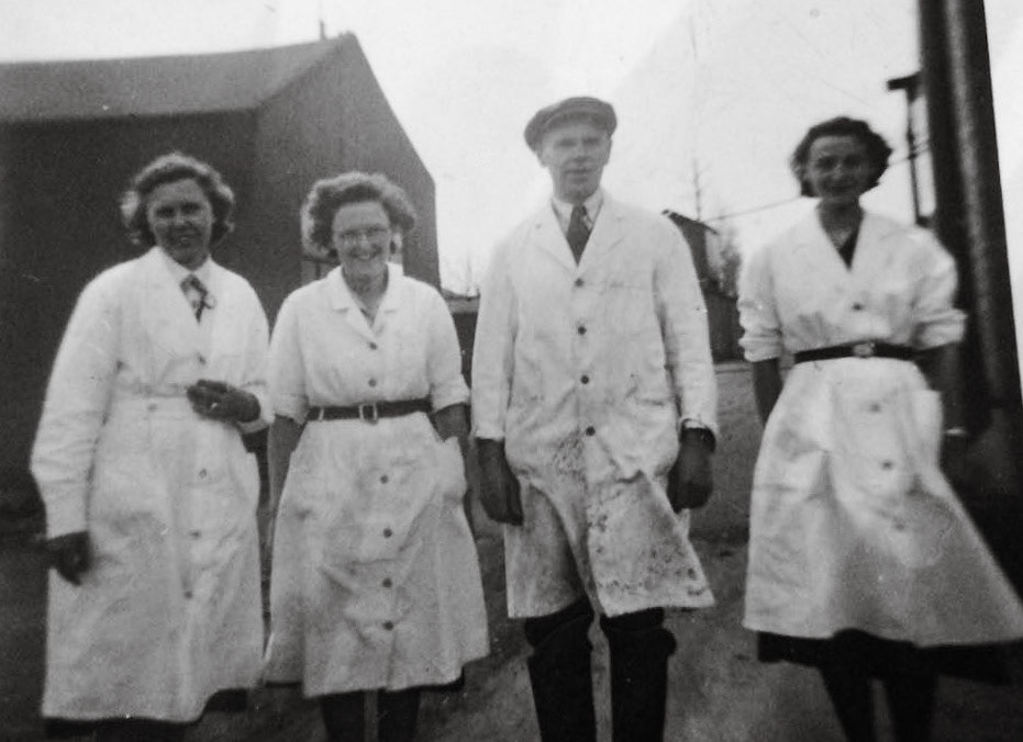 1950's Minsterley. Caroline Tyerman comments "My late grandad Tom Dyas pictured. Don't know the other ladies. My Mum worked there too, Brenda Dyas." (Courtesy Caroline Tyerman, Pontesbury past and present FB Group)