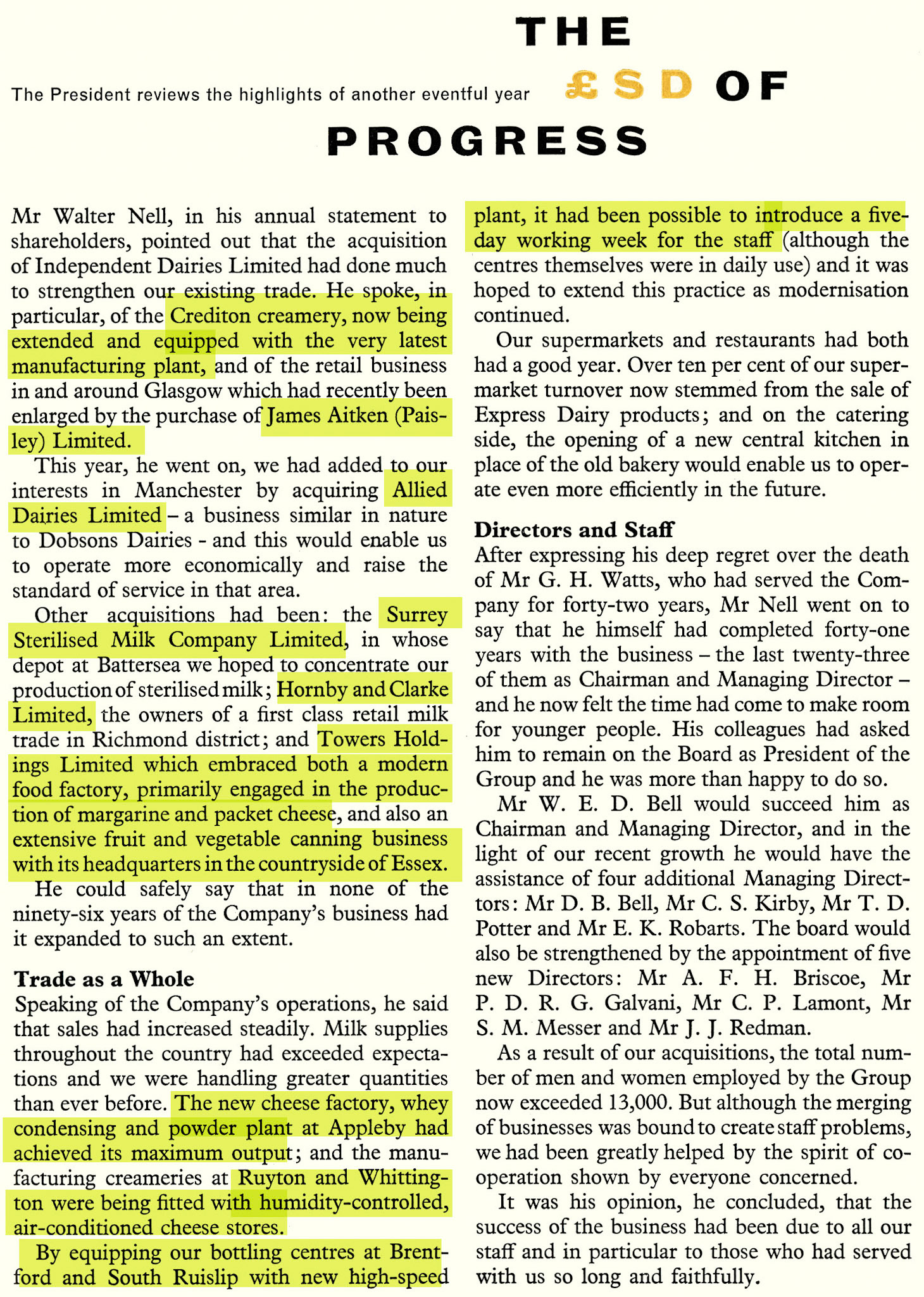 1960 Walter Nell reviews progress, with the acquisition of Allied Dairies in Manchester, the Surrey Sterilised Milk Company at Nine Elms, Hornby and Clarke in Richmond, Towers Holdings (Mitcham Foods), and Goldhanger Fruit Farms in Essex. (Express News Summer)