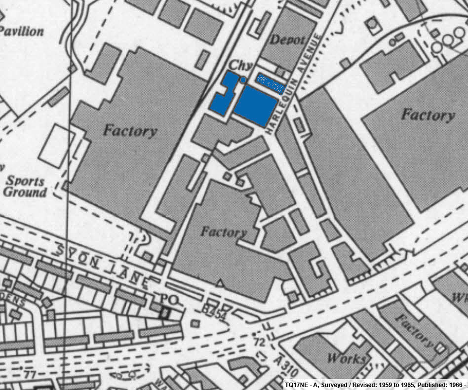 1965 Location of Brentford Express site, showing buildings in blue and with chimney (Chy) and rail siding behind. (Courtesy National Library of Scotland)