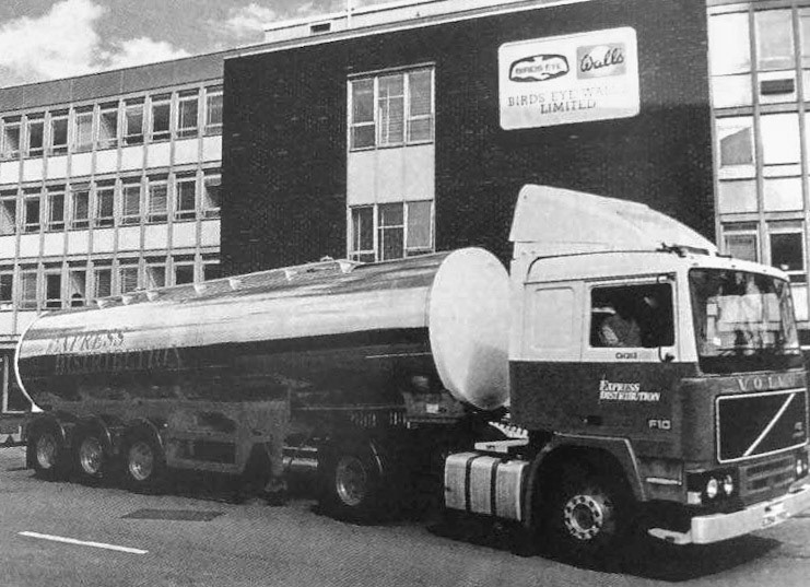 1985 Reg Volvo F10 pictured in front of the Walls factory at Gloucester. Not my photo but it was the first ever Express lorry I drove-a Minsterley F10. I'd just started for an agency and they put me into Minsterley to do a run down to Walls at Gloucester. I had to do a tank swap with a Staplemead driver. He took my tank back to Staplemead, and I took his tank into Walls to be disharged. I remember it was a warm summer night, and the guy on the pumps brought me out an ice cream! The Minsterley F10's all disappeared not long after to be replaced by FL10's. (Courtesy Steve Rodenhurst)