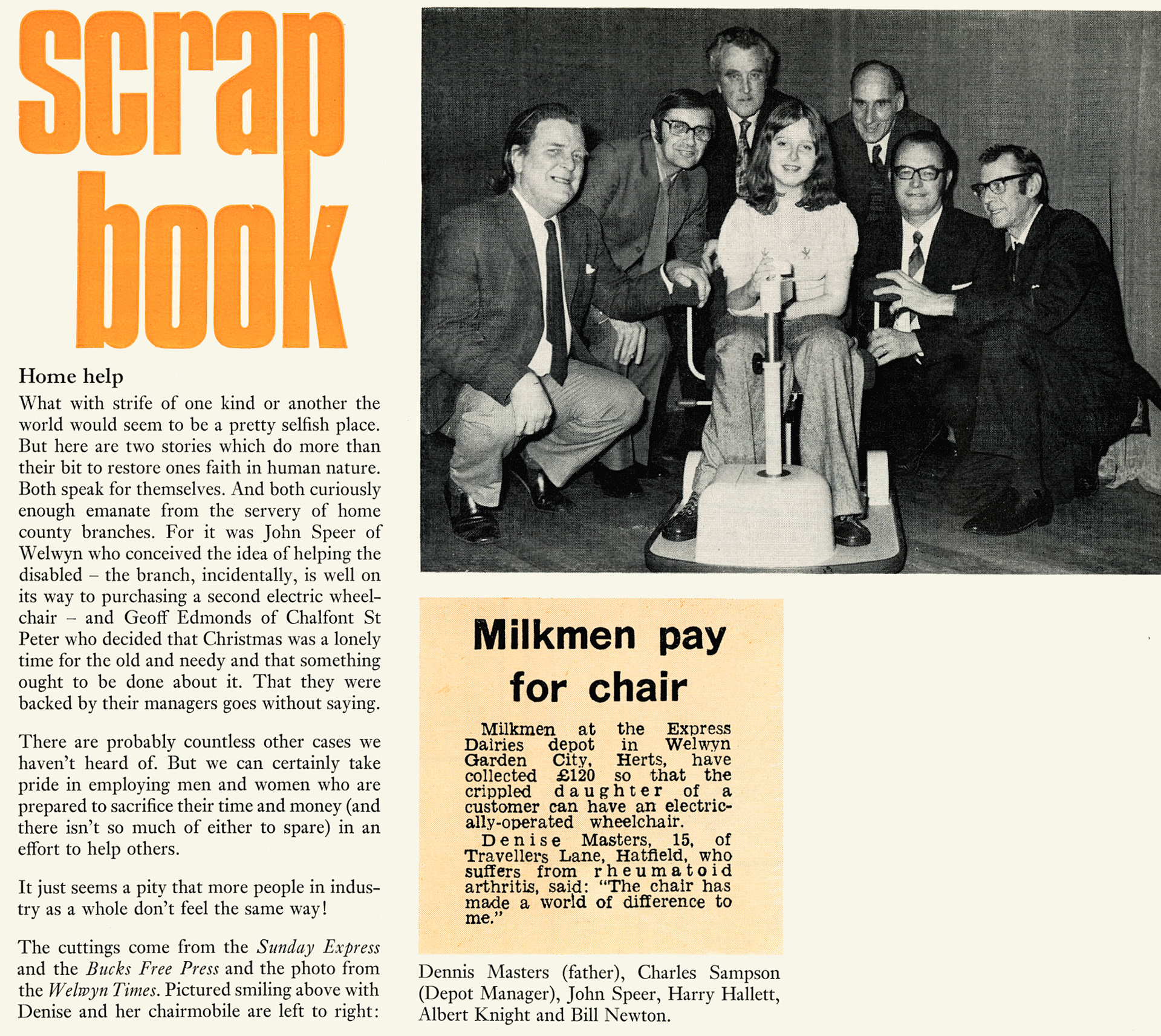 1974 Welwyn roundsmen purchase electric wheelchair for customer Denise Masters, age 15