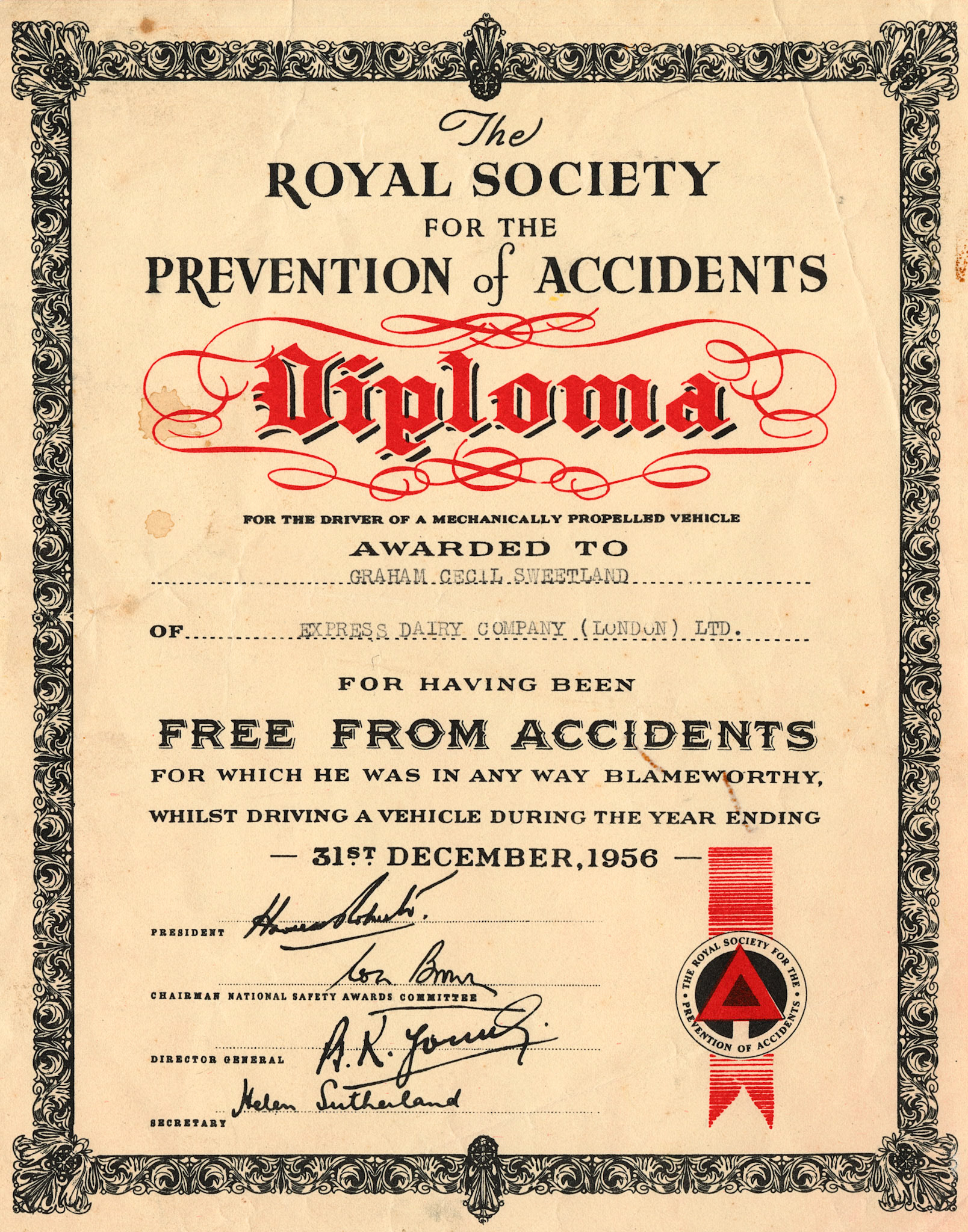1952 to 1961 Royal Society for the Prevention of Accidents certificates from 1952 to 1961 for members of the Sweetland family at Seaton Junction. (Courtesy Keith Sweetland)