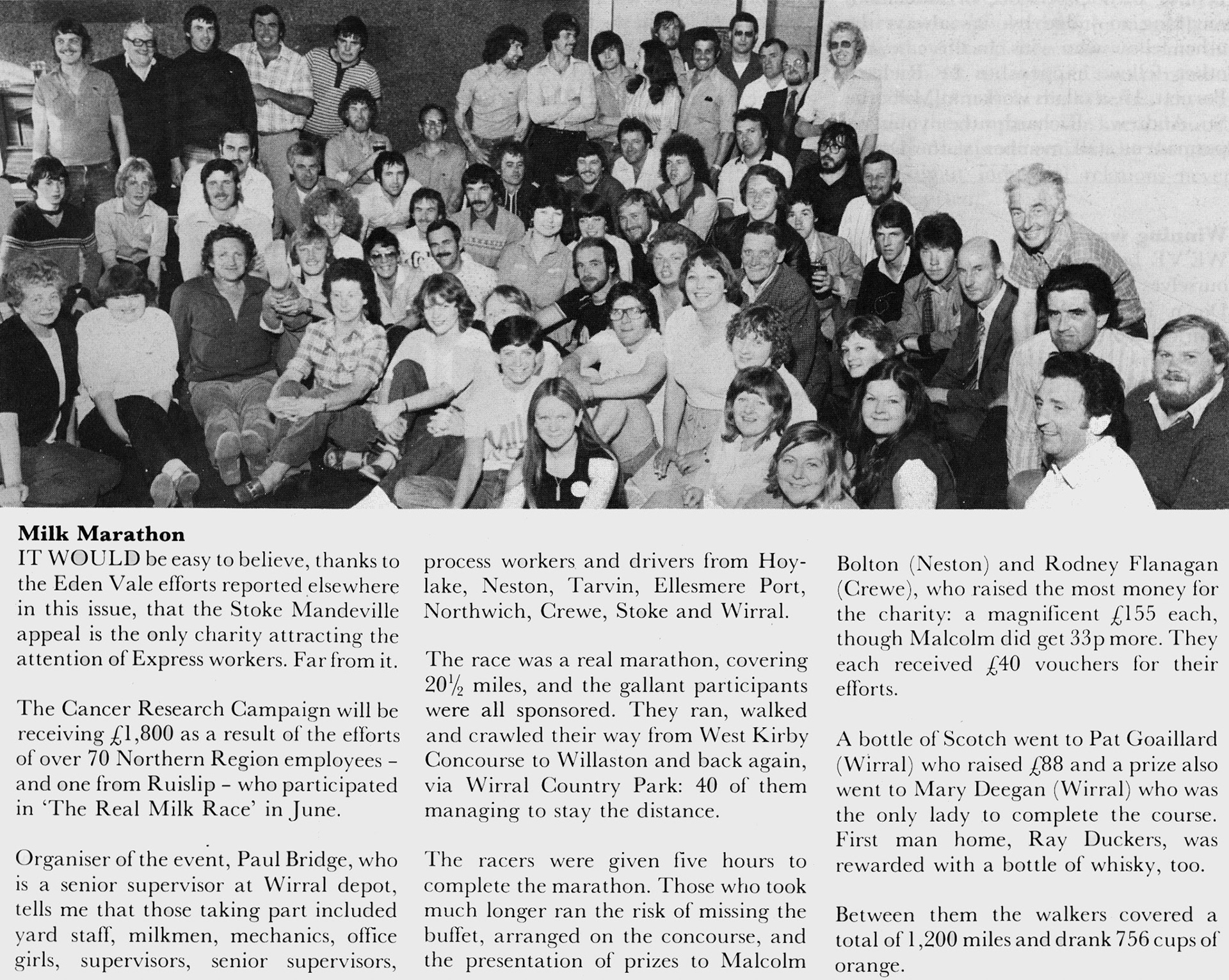 1980 Northern Region staff from Wirral, Hoylake, Neston, Tarvin, Ellesmere Port, Northwich, Crewe, Stoke and Ruislip raised £1800 for Cancer Research. (Express News October)