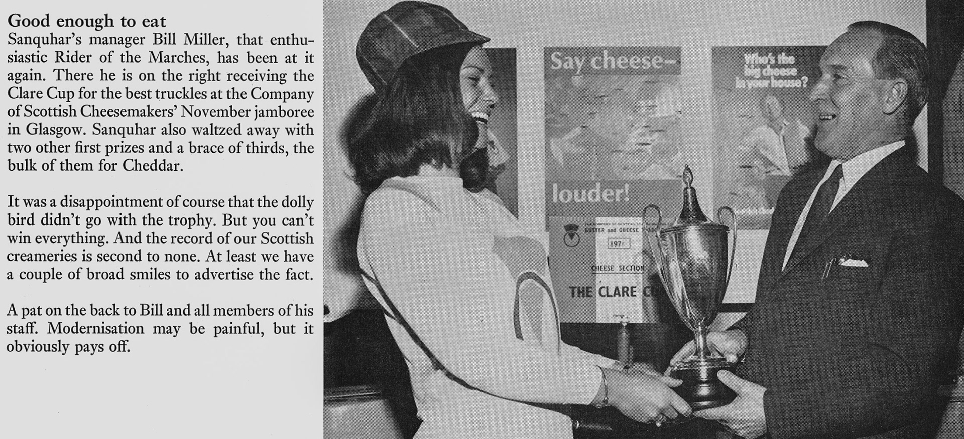 1972 Sanquhar manager Bill Miller receives an award for cheese truckles and Cheddar. (Express News Spring)