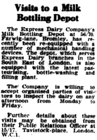 1957 Bromley Dairy is promoting visiting parties at its newly re-equipped Farwig Lane Processing plant. Lewisham Borough News, 19 March. (Courtesy of THE BRITISH LIBRARY BOARD)