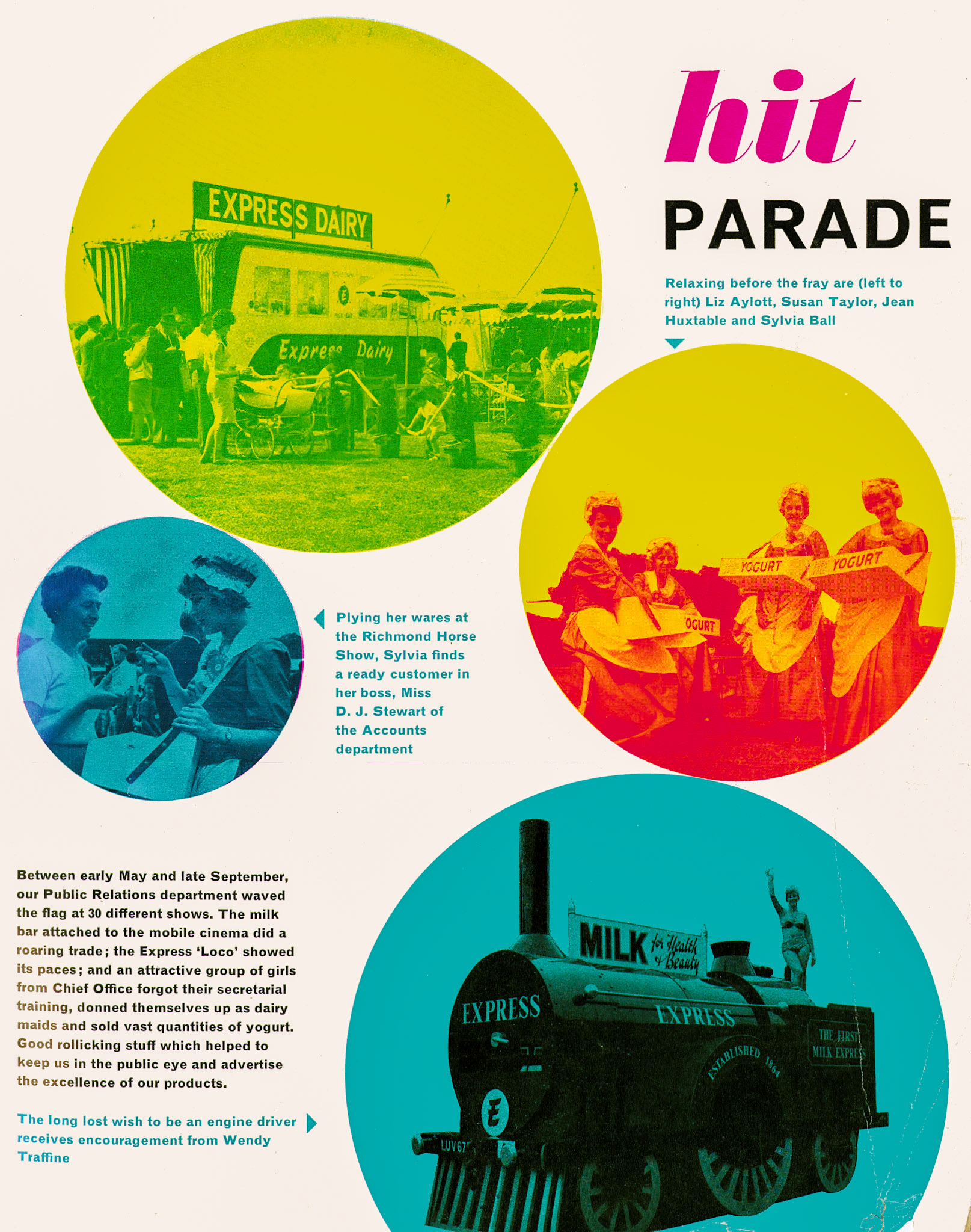 1963 Public Relations activities, helped by Liz Aylott, Susan Taylor, Jean Huxtable, Sylvia Ball, Miss D.J. Stewart and Wendy Traffine. (Express News Autumn)