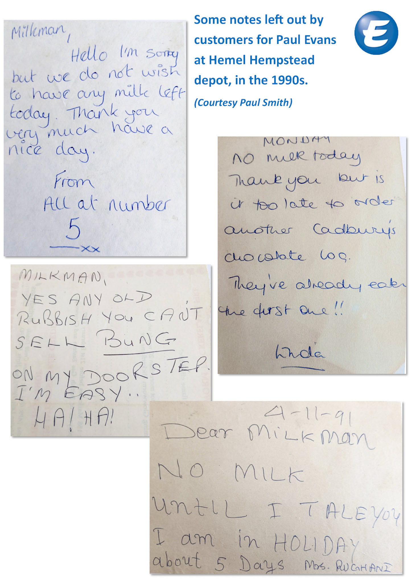 1990s Notes from customers to Paul Evans, at Hemel Hempstead depot (Courtesy Paul Smith, EDT collection)