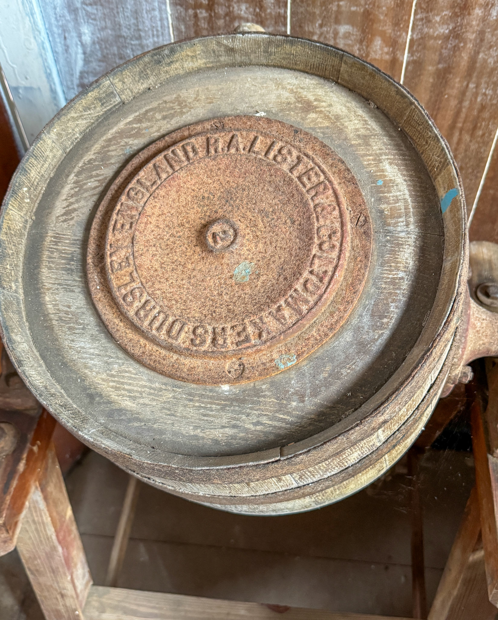 2026, May. Kilmaurs Creamery photos from site visit-hand operated butter churn, inscription reads 'R.A. Lister and Co Ltd Makers Dursley, England-2' . (Photos by Peter Roper, visit by courtesy of Fiona Edgar)