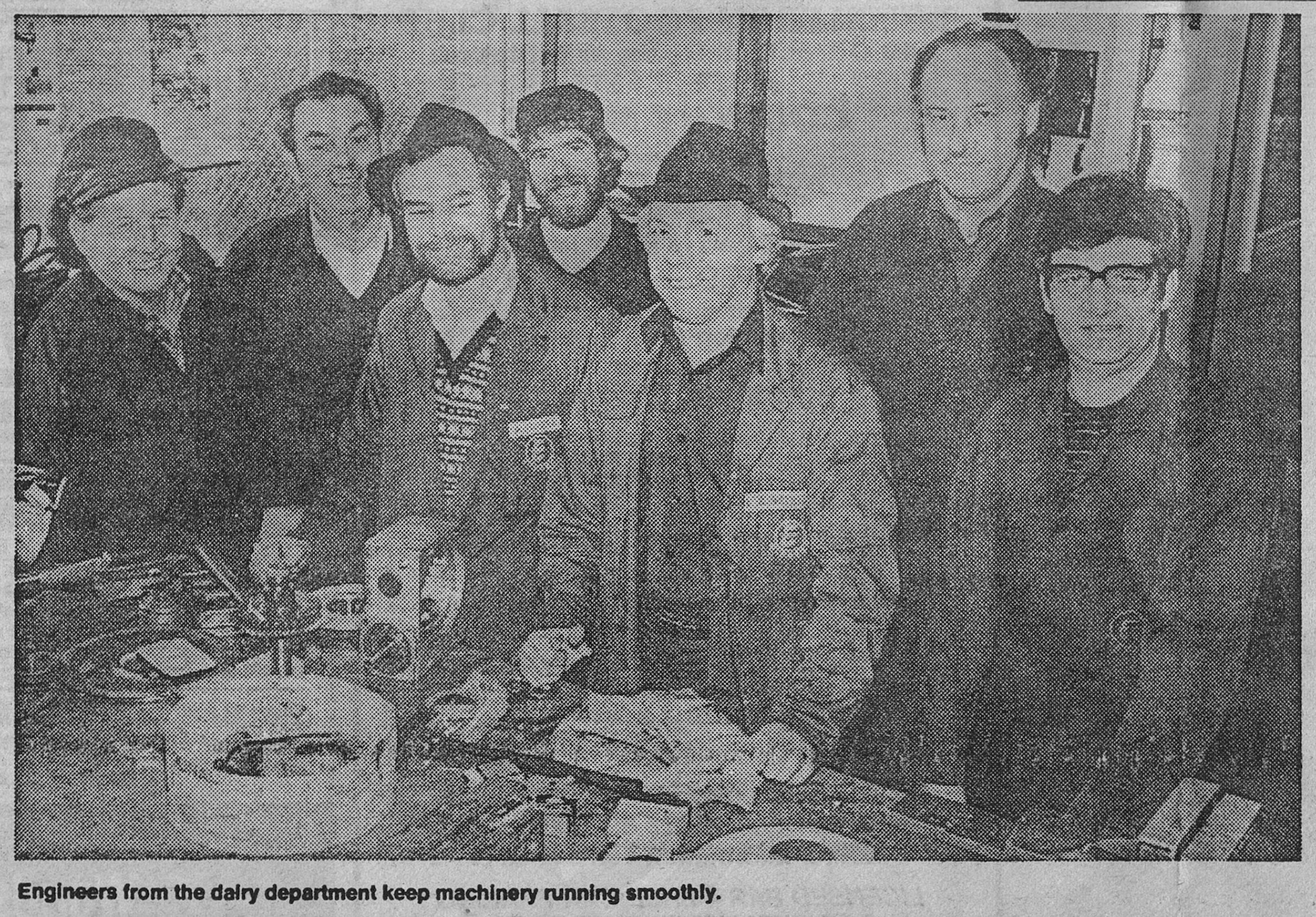1983 Engineering Maintenance staff Harry Gunton, Cyril Parker, Mick Rex, Pat Sheehan, Norman Bethell, John Haskell, Peter Sinha