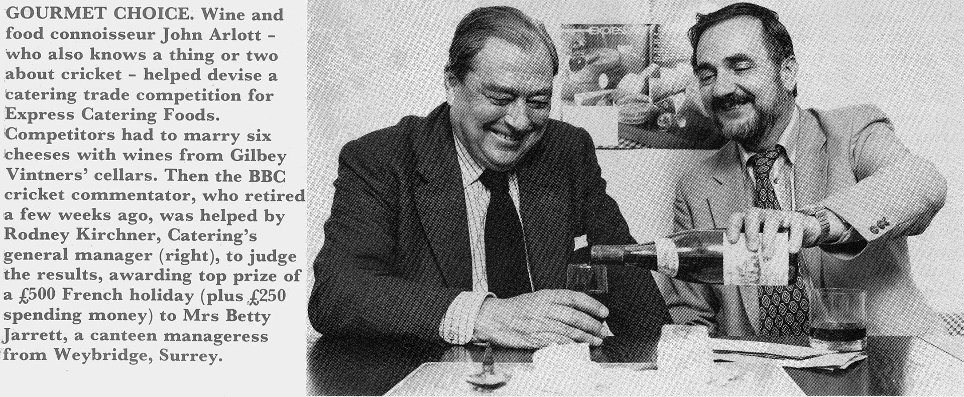 1980 Express Catering's general manager Rodney Kirchner with John Arlott, judging a wine and cheese compeition. (Express News October)