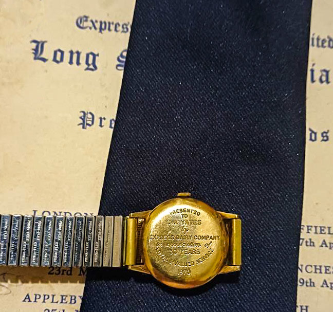 1965-70 Kevin Yates explains "These are items that belonged to my dad Cyril Anthony Yates when he worked for Express Dairy at Levenshulme, as Rounds Supervisor. The watch was for 30 years service in 1970, the other items are from 1965. He worked for Dobson's before Express took over, he sadly passed away in 1987. I joined Express Dairy in 1972 straight from school - I have been retired for two years now (2025). (Courtesy Kevin Yates)
