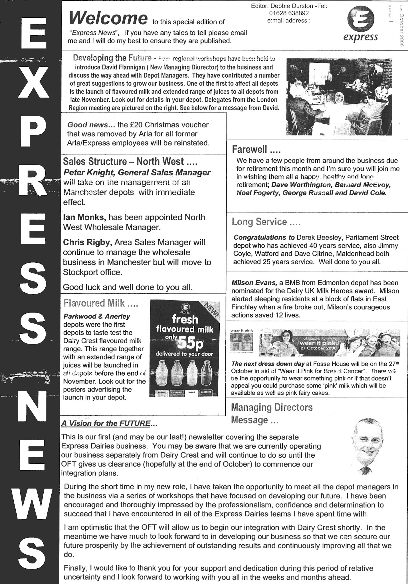 2006 Newsletter from temporary MD David Flanningan whilst awaiting OFT clearance for sale of part of Express Dairies business to Dairy Crest. (Courtesy Paul Luke)