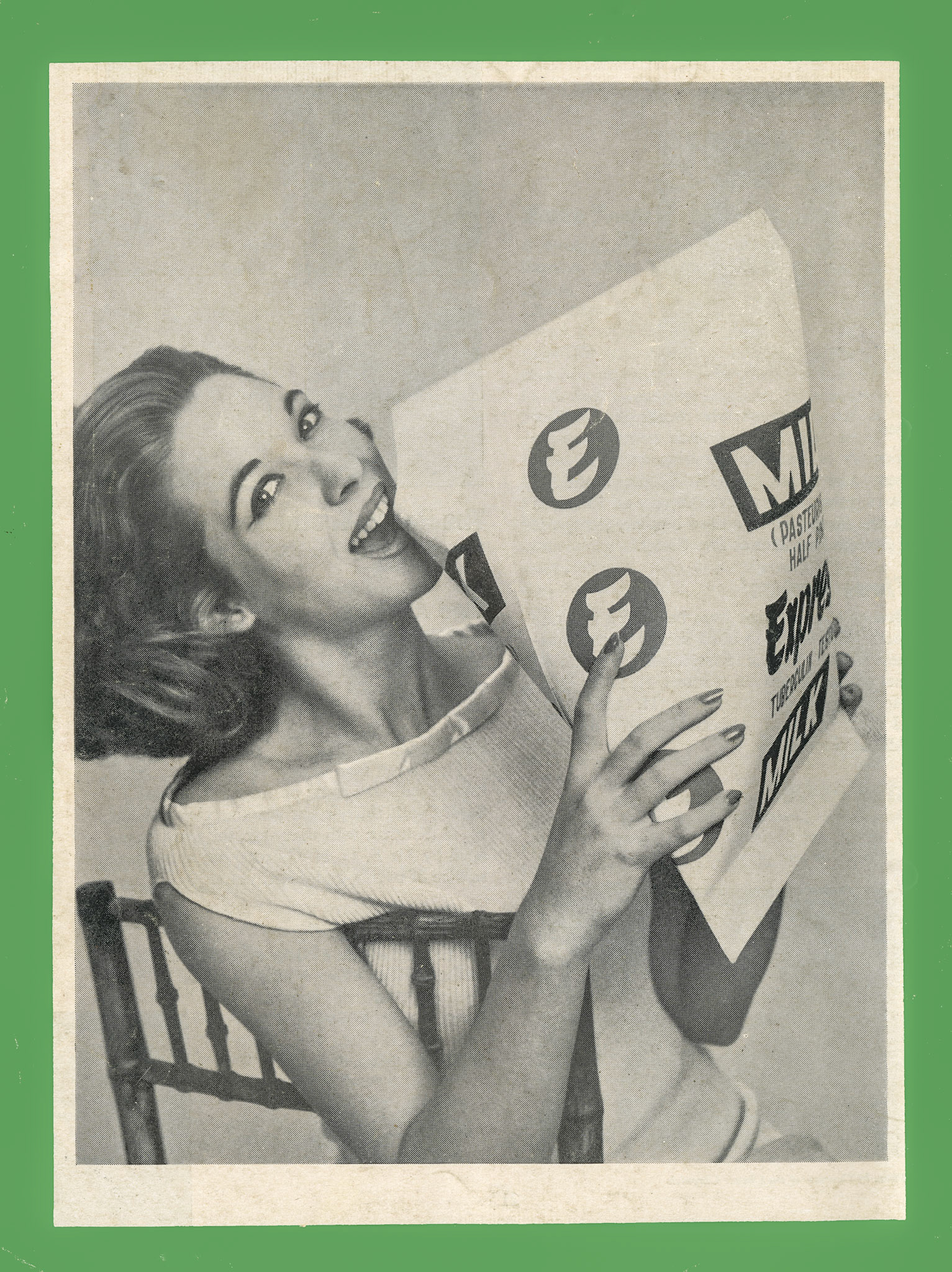 1956 "Model May Routh quenches a giant thirst with a Tetra Pak display carton". (Express News Back Cover, April)