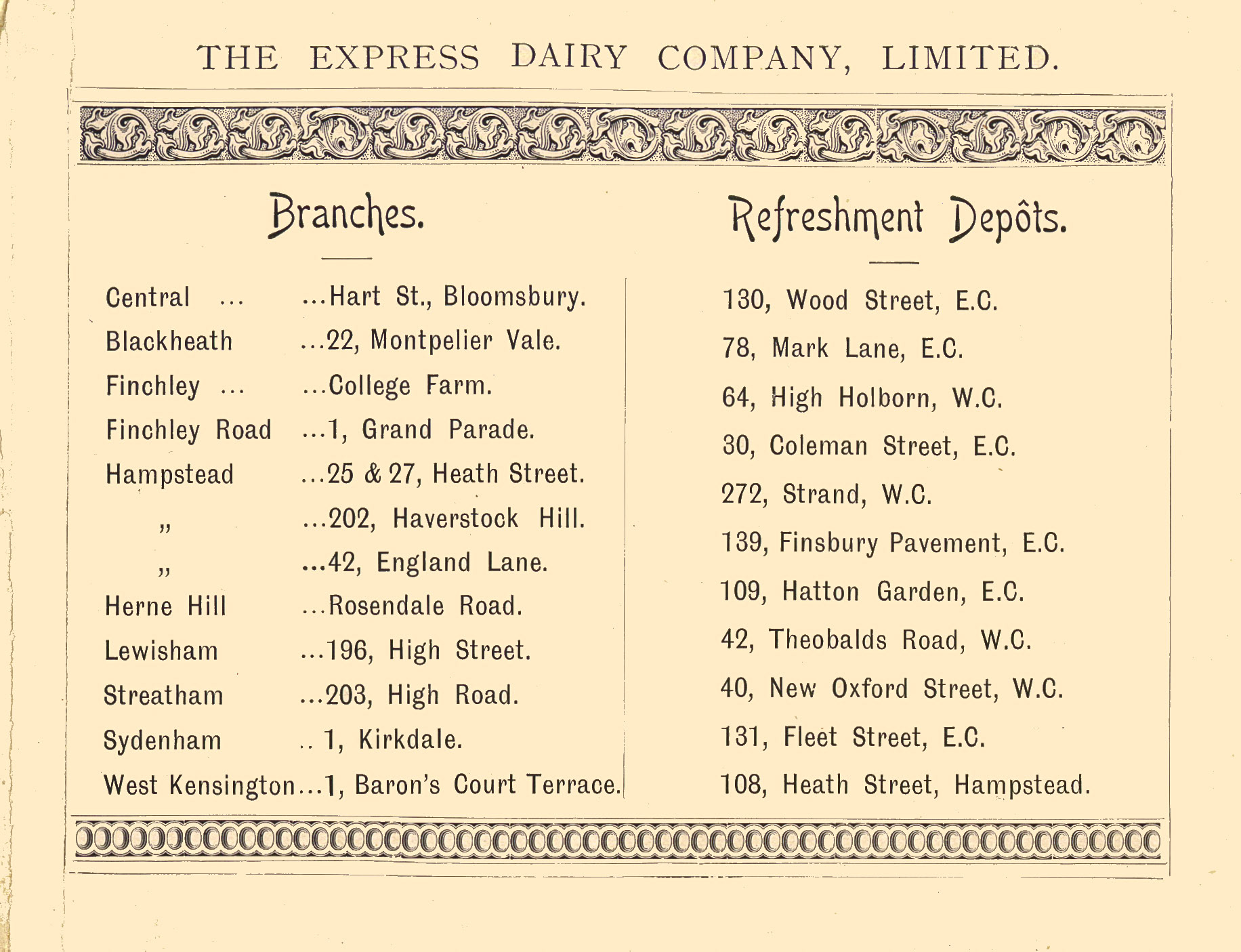 1893 Branches and Refreshment Depots. From 'Souvenir from Finchley' (Courtesy Brian Wastell)